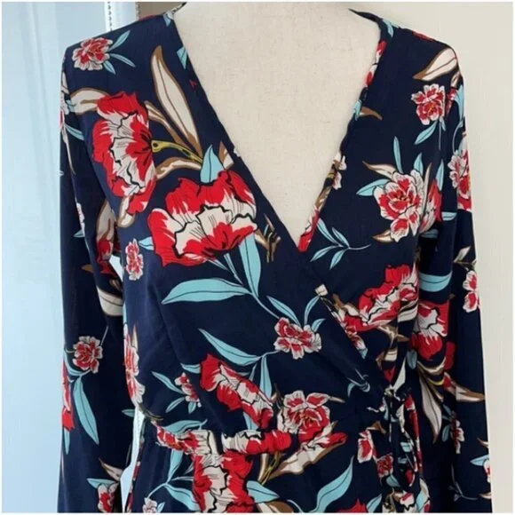 Nasty Gal Navy Blue Floral Midi Wrap Dress, Med. - Picture 4 of 12